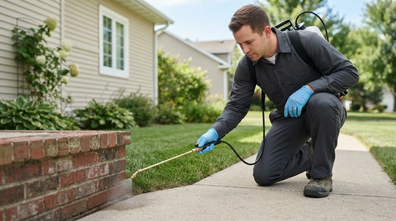 Pest control technician treating a home near Stockton, IA