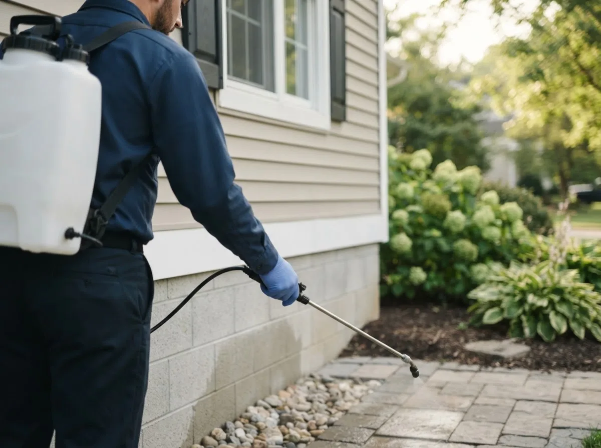 Pest control technician inspecting a home in Stockton, IA